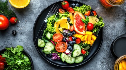 Fresh and Colorful Salad Platter with Variety of Fruits and Vegetables Featuring Lettuce, Tomatoes, Cucumbers, and Citrus on Dark Rustic Background