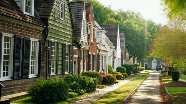 This video captures a straight line of houses situated on a street adorned with a continuous row of trees, Colonial architecture of Williamsburg, Virginia