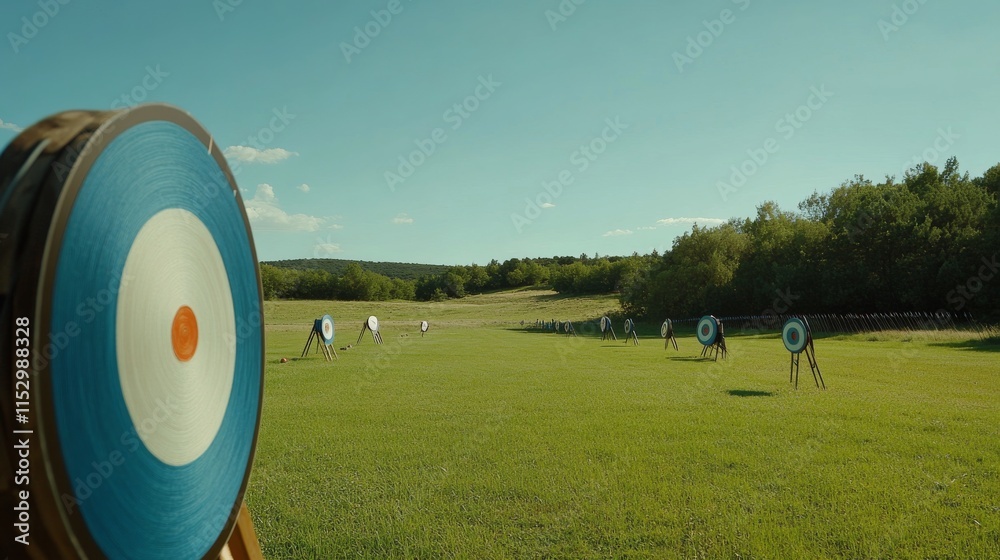 Poster A pristine archery range with bows and arrows neatly arranged at the shooting line, A clear, open field with targets at the far end