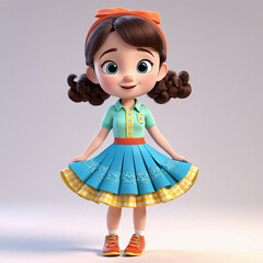 girl wearing a beautiful skirt with white background whimsical cartoon style