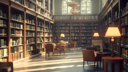 Modern library or bookstore interior with Learning and coworking space,relax zone,Library with rows of bookshelves arranged,school,university,shared desk and chairs,panoramic window.