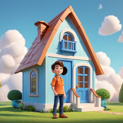 A boy wearing a orange shirt standing at the small house at his Back with tree and cloud  whimsical cartoon style 