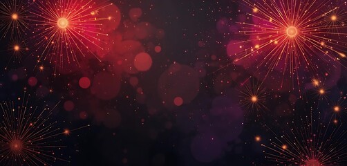 Naklejka premium Festive Red Fireworks Display Against Dark Night Sky
