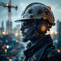 Fototapeta premium Double-exposed safety helmet, showcasing construction hat's intricate design.