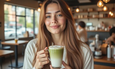 Smiling woman with matcha latte