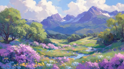Obraz premium Serene Mountain Valley Wildflower Meadow Stream