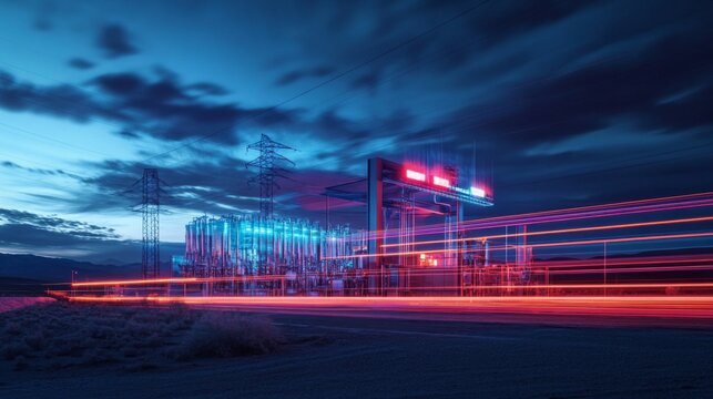 Night scene of electrical substation with light trails. - Powered by Adobe
