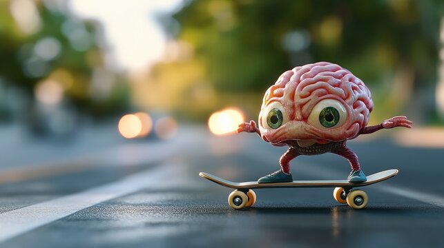 A quirky animated brain character skating confidently on a skateboard, showcasing a fun and playful vibe in a vibrant outdoor setting.