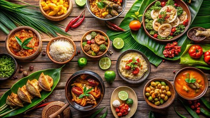 Fototapeta premium Aerial View of Delicious Thai Food Set - Colorful Dishes & Tropical Setting