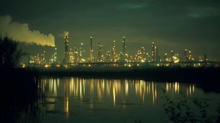 Night view of illuminated refinery reflected in calm river water.