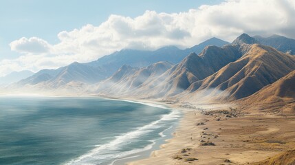 Coastal mountain range with hazy mist, sandy beach, and ocean waves.