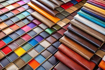 Aerial View of Diverse Artificial Leather Samples in Varied Colors Arranged Horizontally