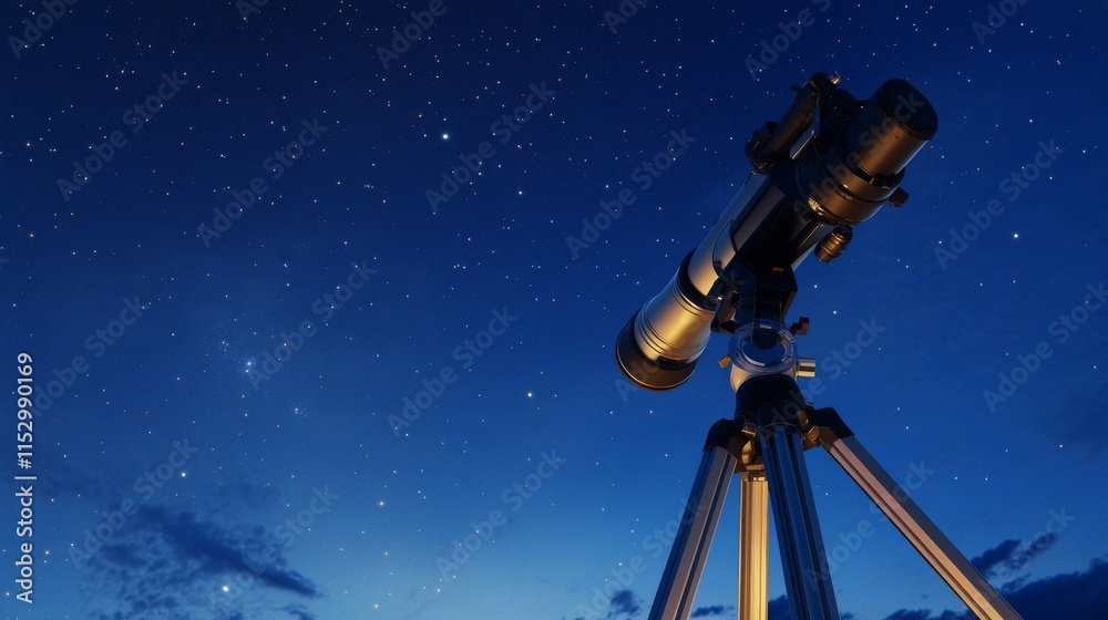 Poster A pristine astronomy setup on a clear night, Telescopes and star charts meticulously arranged, Celestial observation style