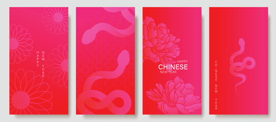 Chinese New Year 2025 hongbao red envelope design vector. Collection of Chinese festival with peony flower, butterfly, pattern. Elegant oriental illustration for angpao, cover, website, calendar, ads.