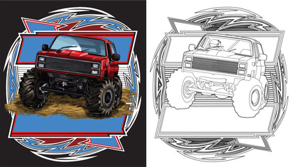 Outline red truck splash, isolated on a black background, for t-shirt design, print, and business purposes. © wendy