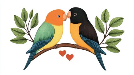 Fototapeta premium Two Colorful Lovebirds Perching on Branch with Heart Shapes