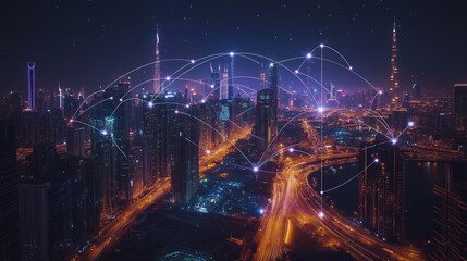 Fototapeta premium Smart digital city with connection cyber security network reciprocity over the cityscape . future smart wireless digital city and social media networking systems that connects people within the city