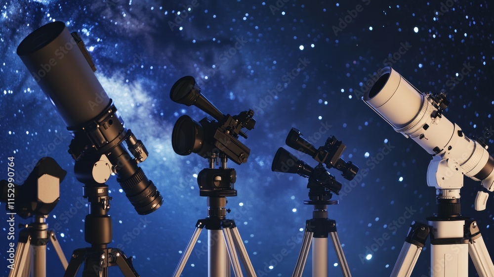 Poster A pristine astronomy setup on a clear night, Telescopes and star charts meticulously arranged, Celestial observation style