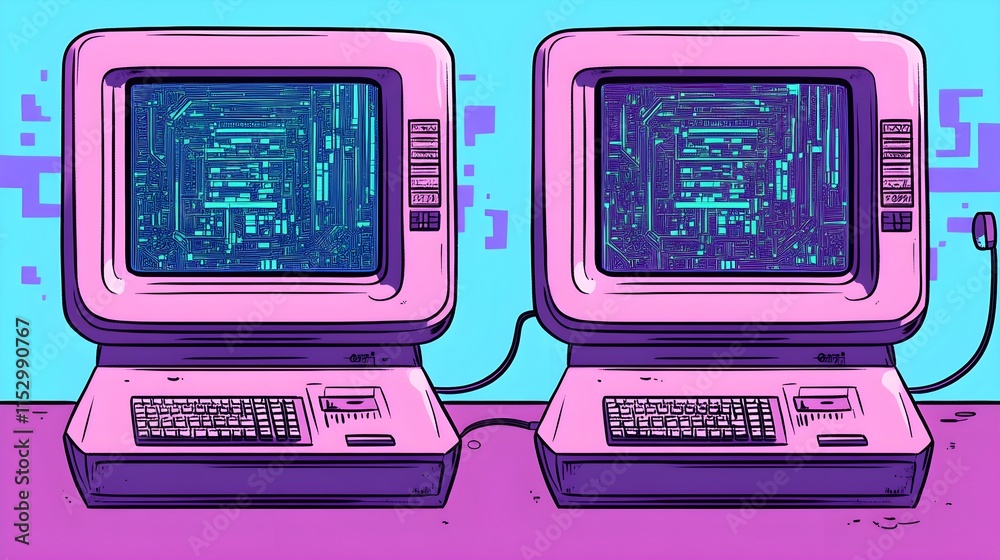 Poster retro computer setup with dual monitors digital art vibrant background tech concept