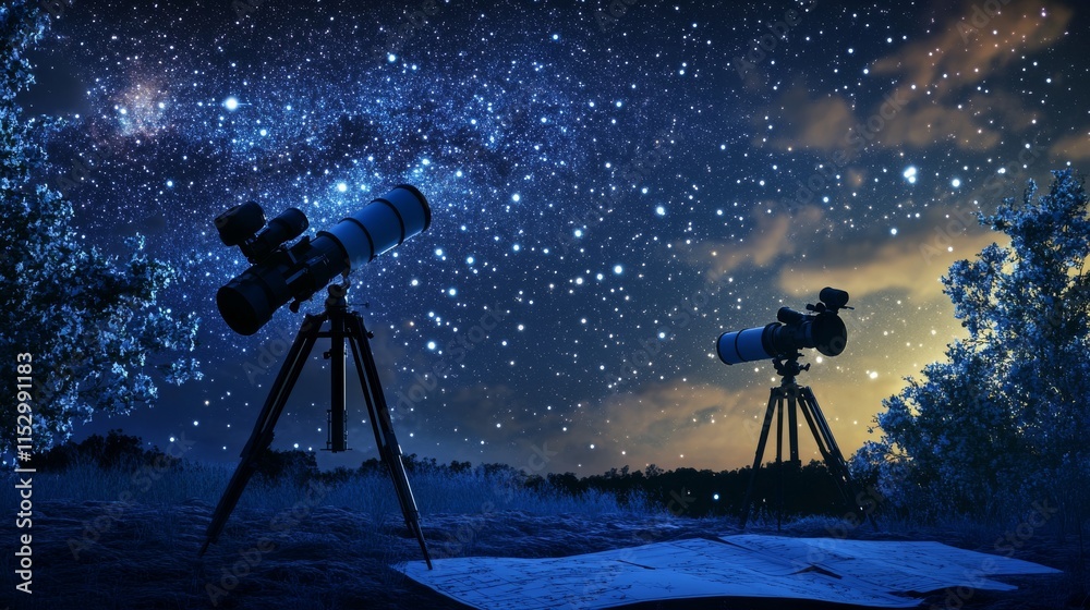 Poster A pristine astronomy setup on a clear night, Telescopes and star charts meticulously arranged, Celestial observation style
