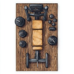 Fototapeta premium An overhead view of a gym bench, weights, and workout equipment on a wooden floor.