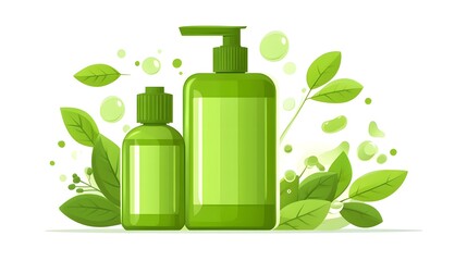 Natural green cosmetic bottles surrounded by leaves eco-friendly design nature minimalist view