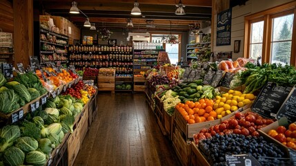Fototapeta premium Vibrant Fresh Produce Displayed in a Rustic Market with Colorful Vegetables and Fruits in Wooden Bins Under Warm Lighting