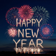 A fireworks display in the night sky spelling out the words happy new year
