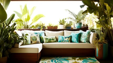 Serene Outdoor Patio with Lush Greenery and Comfortable Seating