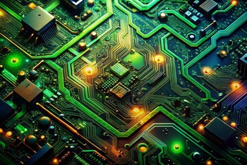 Fototapeta premium Aerial View of Green Circuit Board Technology Background - High-Resolution Stock Photo