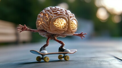 A quirky animated brain character with glowing eyes rides a skateboard, showcasing a playful and adventurous spirit.