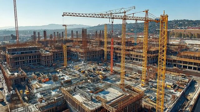 A sizable building site with cranes and labourers, signifying the scope of construction projects 