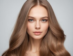 Fototapeta premium Portrait of a beautiful young woman with clean, fresh skin and long, thick hair. ai generator