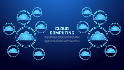 Cloud computing symbol in glowing wireframe style, illustration of internet connection and wireless server access, suitable for presentation backgrounds, banners, social media posts and websites.