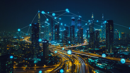 Fototapeta premium Smart digital city with connection cyber security network reciprocity over the cityscape . future smart wireless digital city and social media networking systems that connects people within the city