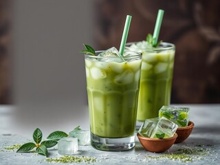 Fototapeta premium Frozen matcha light green ice cubes perfect for beverages desserts food photography healthy lifestyle promotions culinary blogs, matcha, healthy lifestyle
