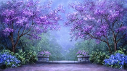Serene Purple Garden Path Springtime Blossoms and Tranquil Vista