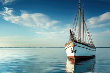 Obraz premium A classic sailboat anchored on calm waters under blue skies.