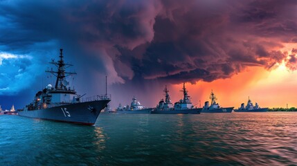 Fototapeta premium Dramatic Sunset Over Powerful Navy Ships Weathering Intense Storm On Vast Oceanic Horizon