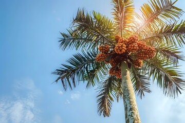 Palm Tree's Fruits Ripening Under the Sunny Sky: A Tropical Paradise, Lush Foliage, Vibrant Colors, and a Tranquil Atmosphere.  Witness Nature's Beauty and the Bounty of the Tropics.