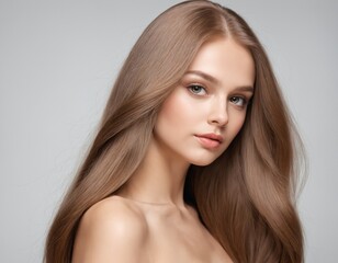 Fototapeta premium Portrait of a beautiful young woman with clean, fresh skin and long, thick hair. ai generator