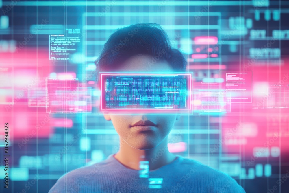 Poster a digital analyst surrounded by floating holographic data, neon grids glowing in the background, cyb