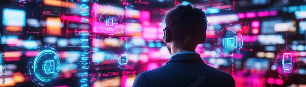 Poster a digital explorer browsing through a virtual store filled with floating holographic gadgets, abstra