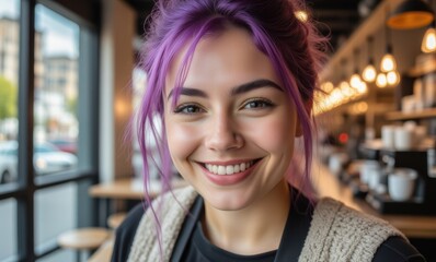 Smiling young woman with purple hair
