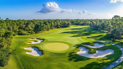 Luxury Golf Course Aerial View: Lush Greens, Sand Traps, and a Serene Landscape