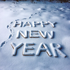 A happy new year written in the snow with footprints in the snow
