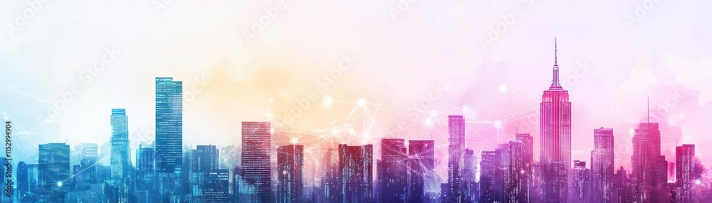 Aufkleber a dreamy watercolor of a city skyline with data streams connecting buildings, creating a futuristic 