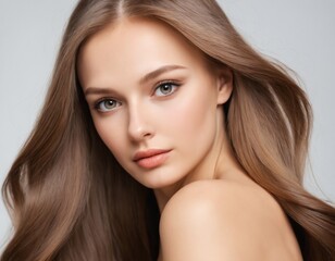Naklejka premium Portrait of a beautiful young woman with clean, fresh skin and long, thick hair. ai generator