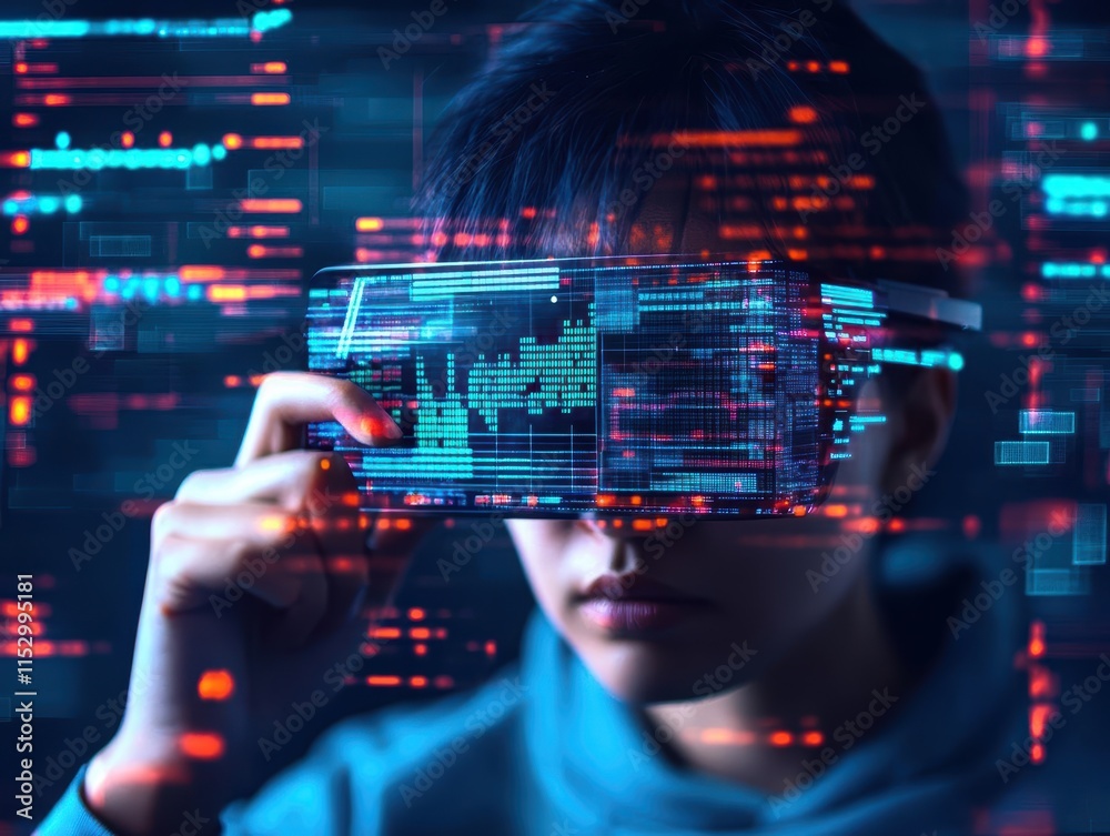 Poster A futuristic analyst using AR glasses to dissect data visualizations, surrounded by a holographic interface, cyberpunk aesthetic, high tech