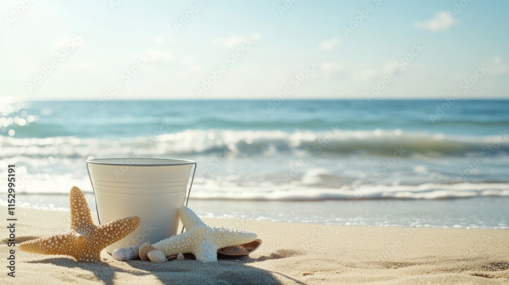 Poster A pristine beachcombing setup with a bucket and beach finds neatly placed on the sand, A sunny beachfront with gentle waves and soft sand, Minimalist leisure style